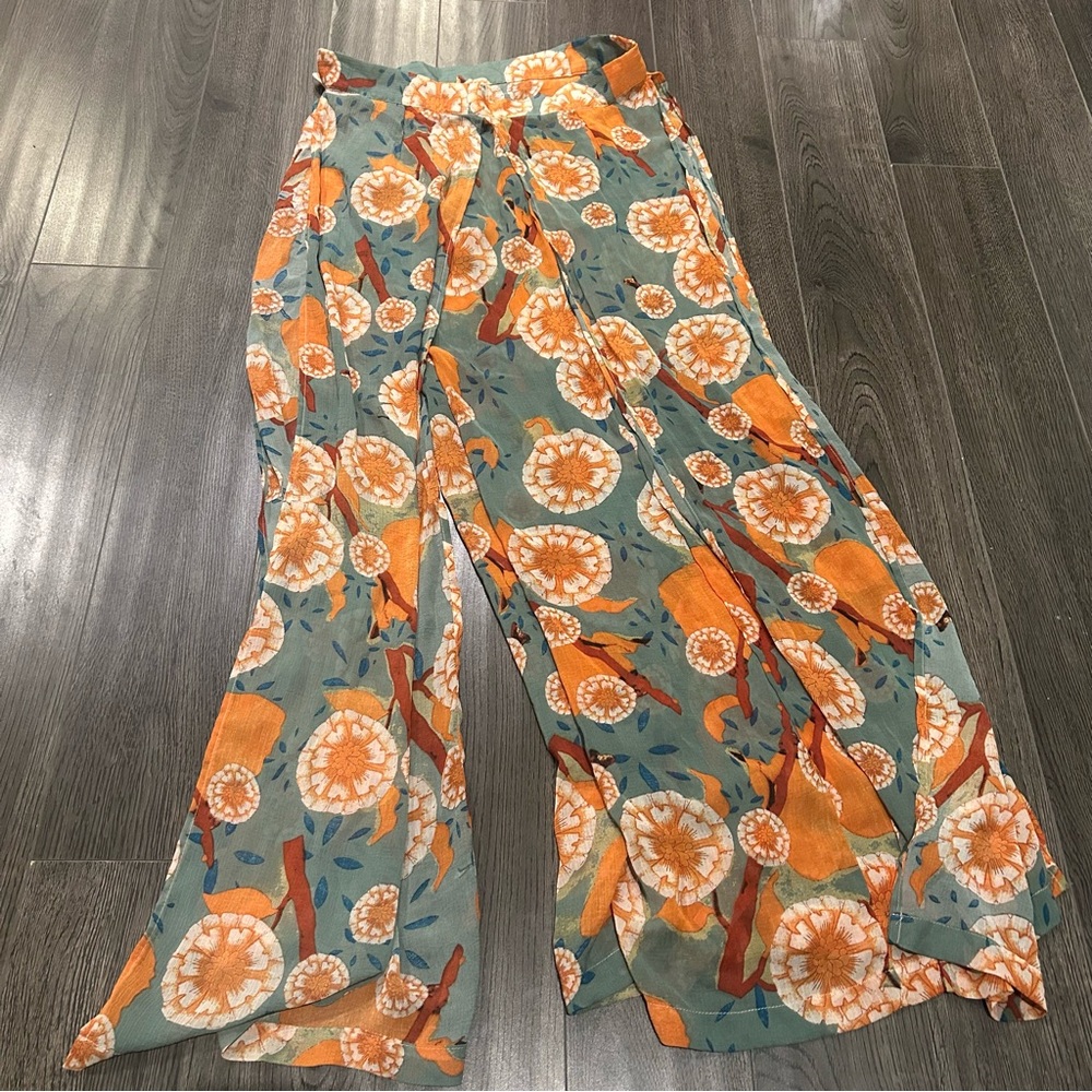 Floral Wide-Leg Pants in Orange and Green